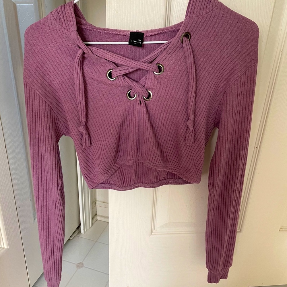 Lavender Cropped Top with Lace Up V-Neck